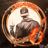 a picture of a man with a guitar and the word live music