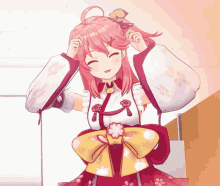 a girl with pink hair is wearing a red and white outfit