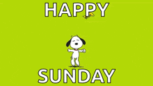 snoopy and woodstock are dancing on a green background with the words happy sunday below them