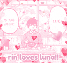 a pink and white drawing of a boy with a heart and the words rin loves luna