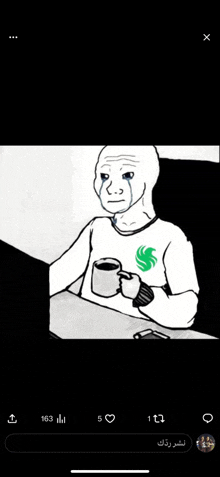 a cartoon of a man sitting at a desk holding a cup of coffee