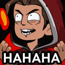 a cartoon of a man in a red hoodie with the word hahaha written below him