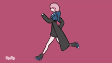 a cartoon of a girl with pink hair wearing roller skates and a coat .