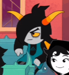 a cartoon character with horns and a triangle on his shirt