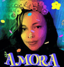 a woman with flowers on her head and the name amora