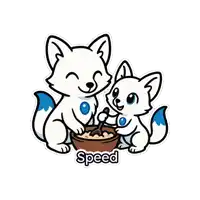 a sticker of two white foxes eating cereal with the word speed under them