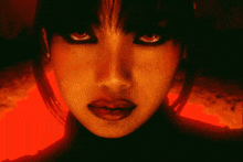 a close up of a woman with red eyes