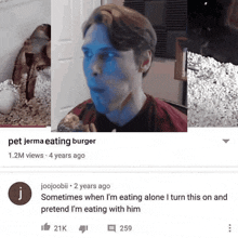 a video of a man eating a burger with a caption that says " pet jerma eating burger "