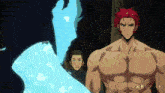 a man with red hair is standing next to another man in a dark room with the words abok i on the bottom