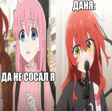 a girl with pink hair stands next to another girl with red hair