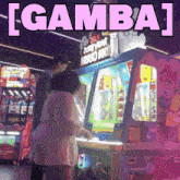 a woman playing a game with the word gamba on it