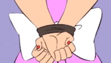 a cartoon of a girl tied up with a bow on her back .