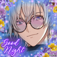 a picture of a boy wearing glasses and the words good night