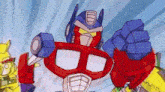 a cartoon of a robot with a blue head and red arms standing next to a yellow robot .