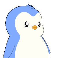 a blue and white penguin with a yellow beak is smiling on a white background