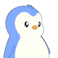 a blue and white penguin with a yellow beak is smiling on a white background