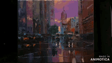 a painting of a city street is being painted with a spatula