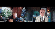 two men are having a video call on a computer screen .