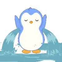 a blue and white penguin is standing in the water
