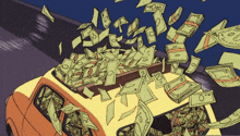 a cartoon drawing of a car filled with money and a briefcase filled with money