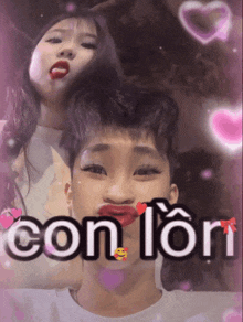 a boy and a girl are making funny faces with the words con lon written on the bottom
