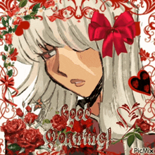 a picture of a girl with a red bow on her head and the words good morning