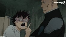 a cartoon of a man pointing at another man with the letters kaiju on the bottom