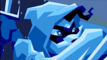 a blue and black cartoon character with a hood on