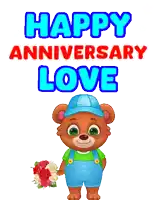 a happy anniversary love greeting card with a teddy bear holding a bouquet of roses