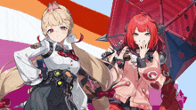 two anime girls are standing next to each other and one has a red umbrella