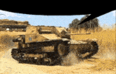 a tank is driving through a field with the words made with risk visible