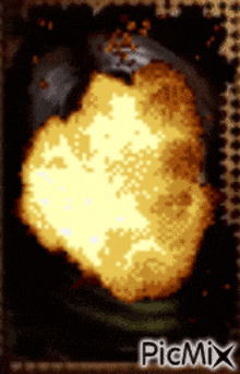 a pixel art of an explosion with picmix written on the bottom right