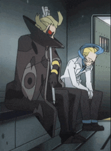a man in a white shirt sits next to a man in a black hat