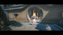 a cartoon character is standing in front of a building with a cat looking on