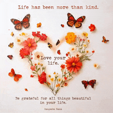 a heart made of flowers and butterflies with a quote by sangeeta rana