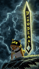 a dog wearing a hat that says dea stands next to a sword