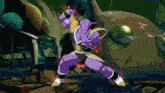 a purple and yellow cartoon character is standing in front of a giant sphere in a video game .