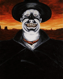 a painting of a man wearing a black hat and a black coat