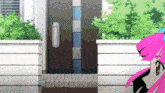 a girl with pink hair is standing in front of a black door