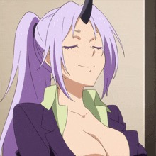 a purple haired anime character with horns and a ponytail