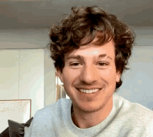 a man with curly hair is smiling and wearing a grey sweater