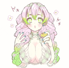 a drawing of a girl with pink hair and green flowers on her hair