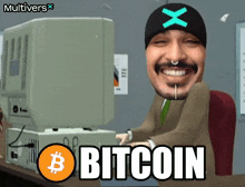 a man with a x on his hat is smiling in front of a computer with the words bitcoin written below him