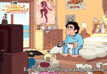 a cartoon of steven universe future with a man sitting on a bed