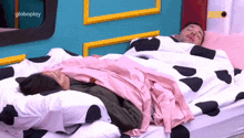 a man and a woman are laying on a bed with a cow print comforter ..