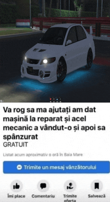 a white car is advertised on a facebook page in a foreign language