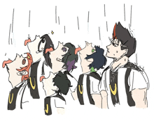 a drawing of a group of people looking up at something