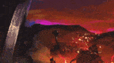 a painting of a person holding a sword in front of a fire .
