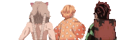 three anime characters standing next to each other with their backs to the camera