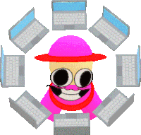 a cartoon character with a pink hat and mustache is surrounded by a circle of laptops